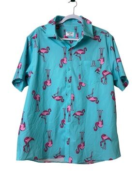 Hurley Men’s Turquoise Short-Sleeve Button-Down Shirt with Pink Flamingo Print L